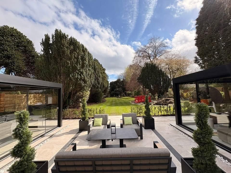 Complete garden redesign with twin garden rooms and lawn, by DB Landscapes Ltd in Stockport